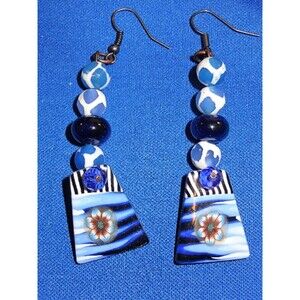 OOAK Blue abstract milifore flower in center Polymer clay charm Earrings  brass